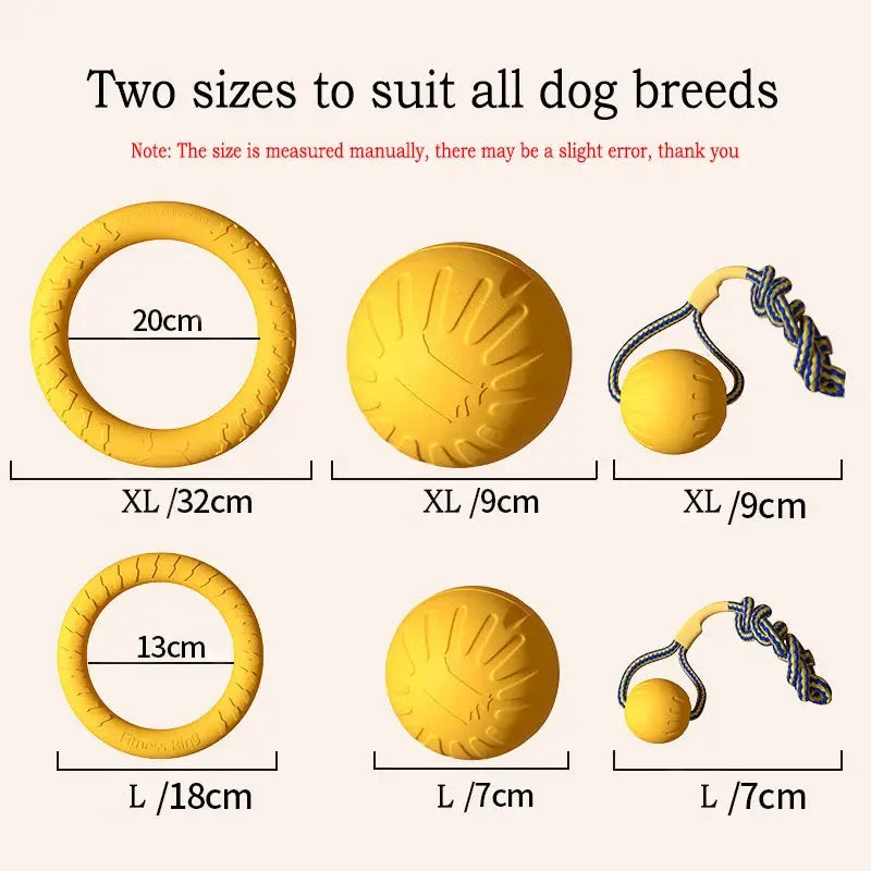 Simples Market EVA durable dog toy set 4-pack: yellow flying disc, ball, and rope tug; two sizes