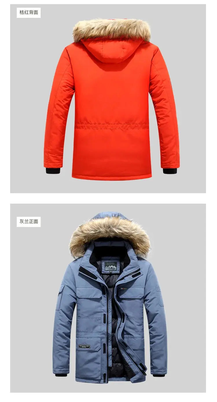 Simples Market men's -30 degree down parka jacket with fur-trim hood in orange-red and blue-gray