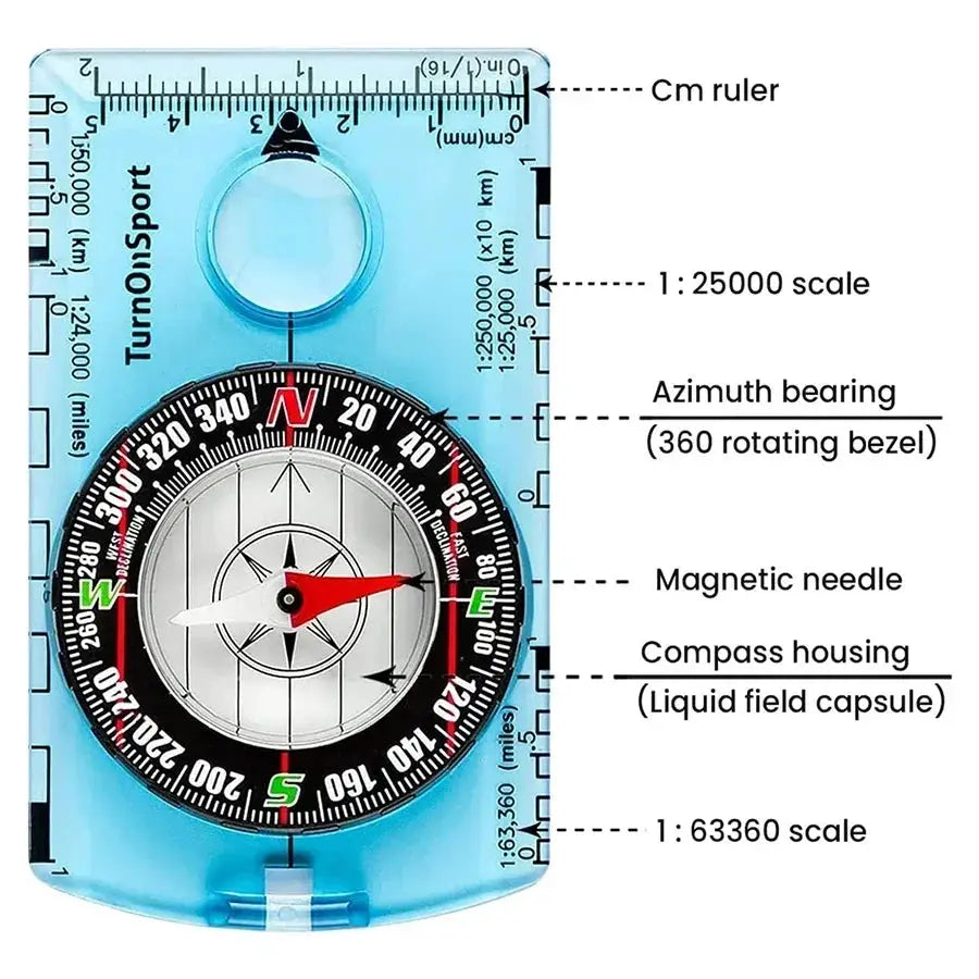 Waterproof compass for outdoor navigation in a transparent blue plastic casing