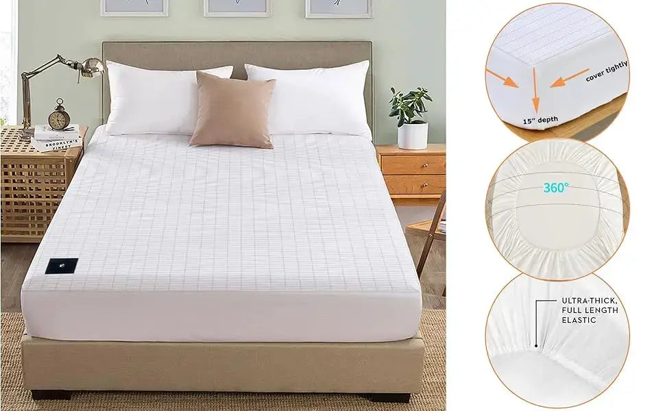 MAXSHARER Earthing Fitted Sheet by Simples Market, white organic cotton with grid, 15in deep pocket, full elastic.