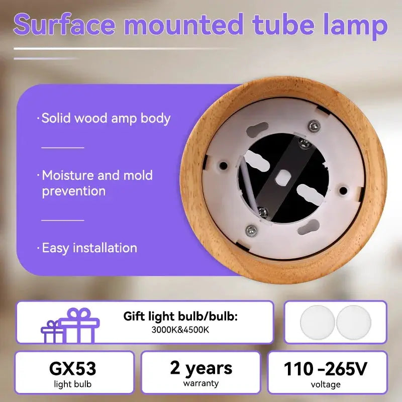 GX53 wooden ceiling downlight with round wood body, 110–265V, gift bulbs 3000K/4500K, 2-year warranty