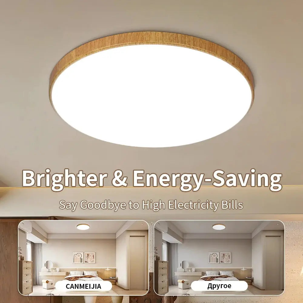 Round LED ceiling lamp with wood-grain rim; ultra-thin flush-mount panel for bedroom or kitchen.