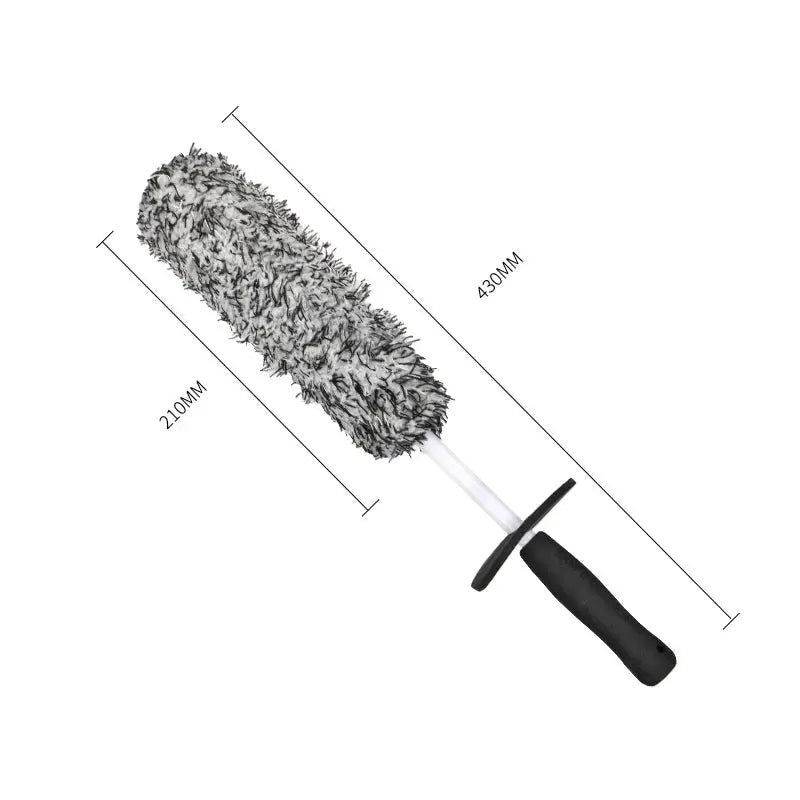 Car wash wheel brush with plush gray microfiber head and black non-slip handle