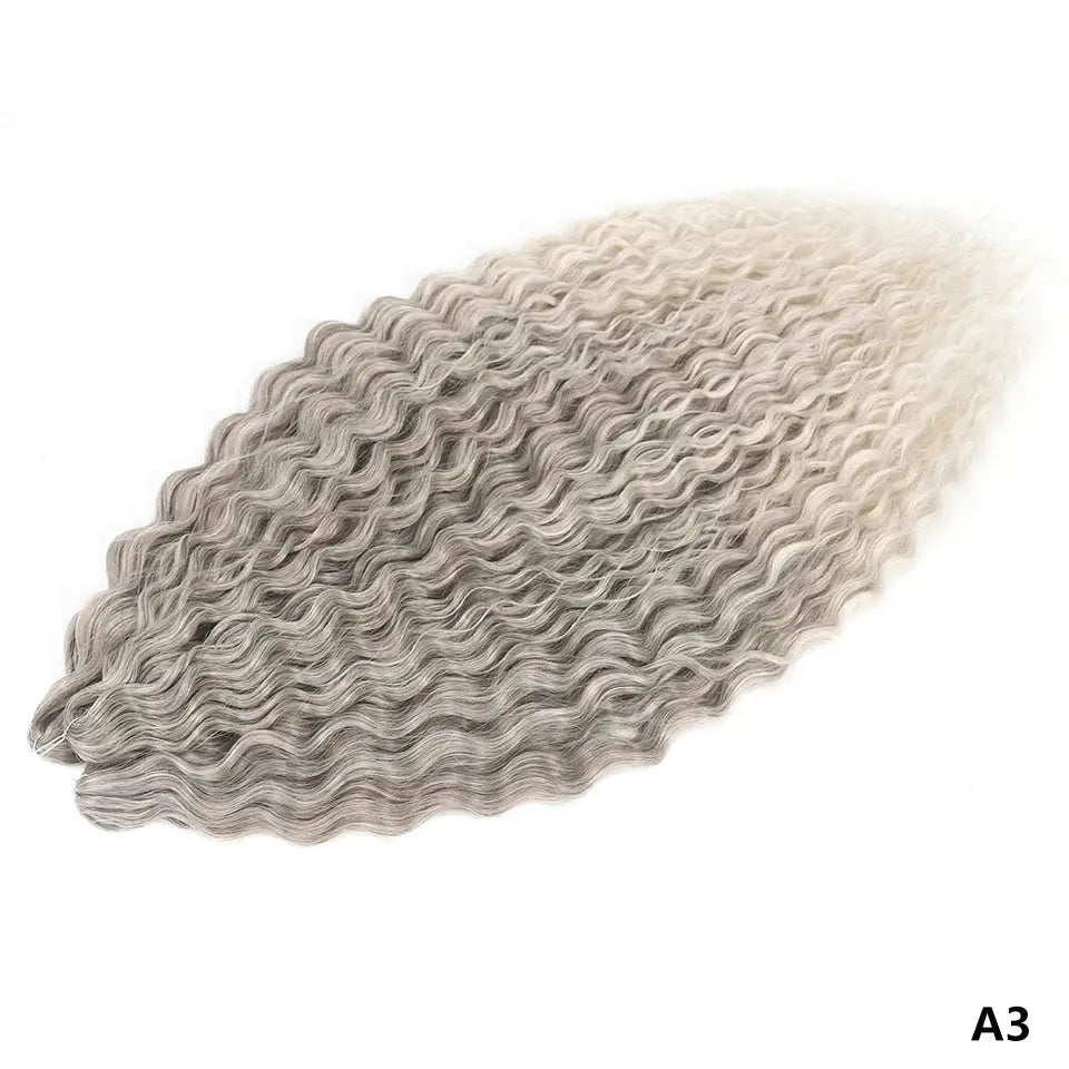 Ariel Curls crochet hair extensions, ombre ash gray to blonde, synthetic water-wave twists, A3