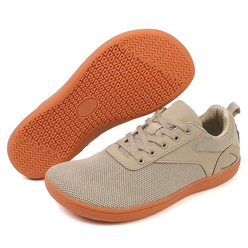 Wide-toed casual shoes by Simples Market, beige mesh upper with orange sole