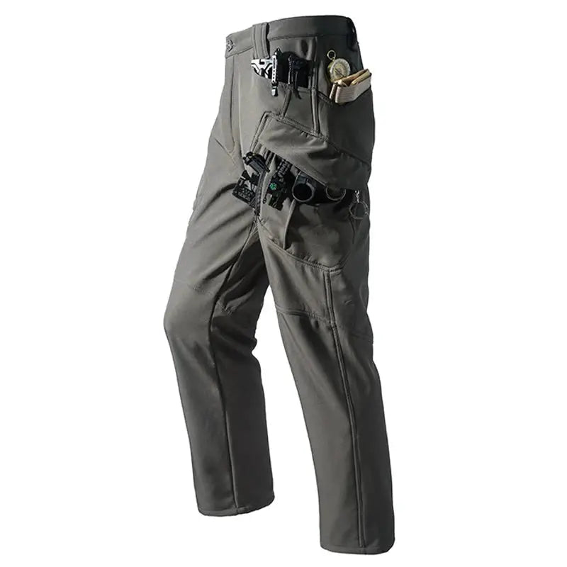 Men's city cargo hiking pants in gray, fleece-softshell with multiple pockets for outdoor use