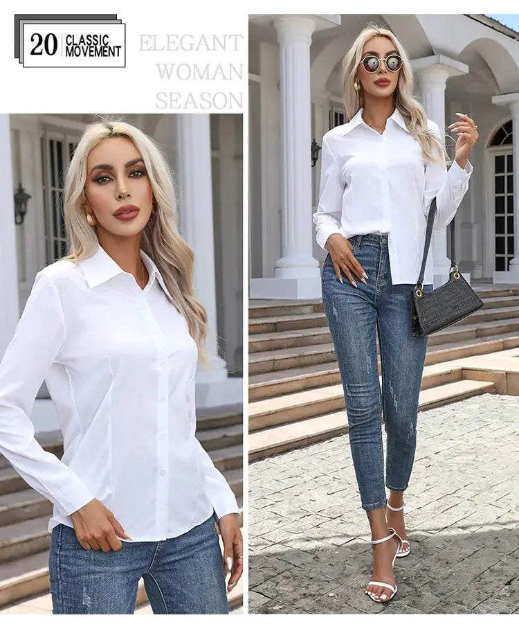 Women white chiffon blouse with button-down front, long sleeves and turn-down collar, paired with blue jeans