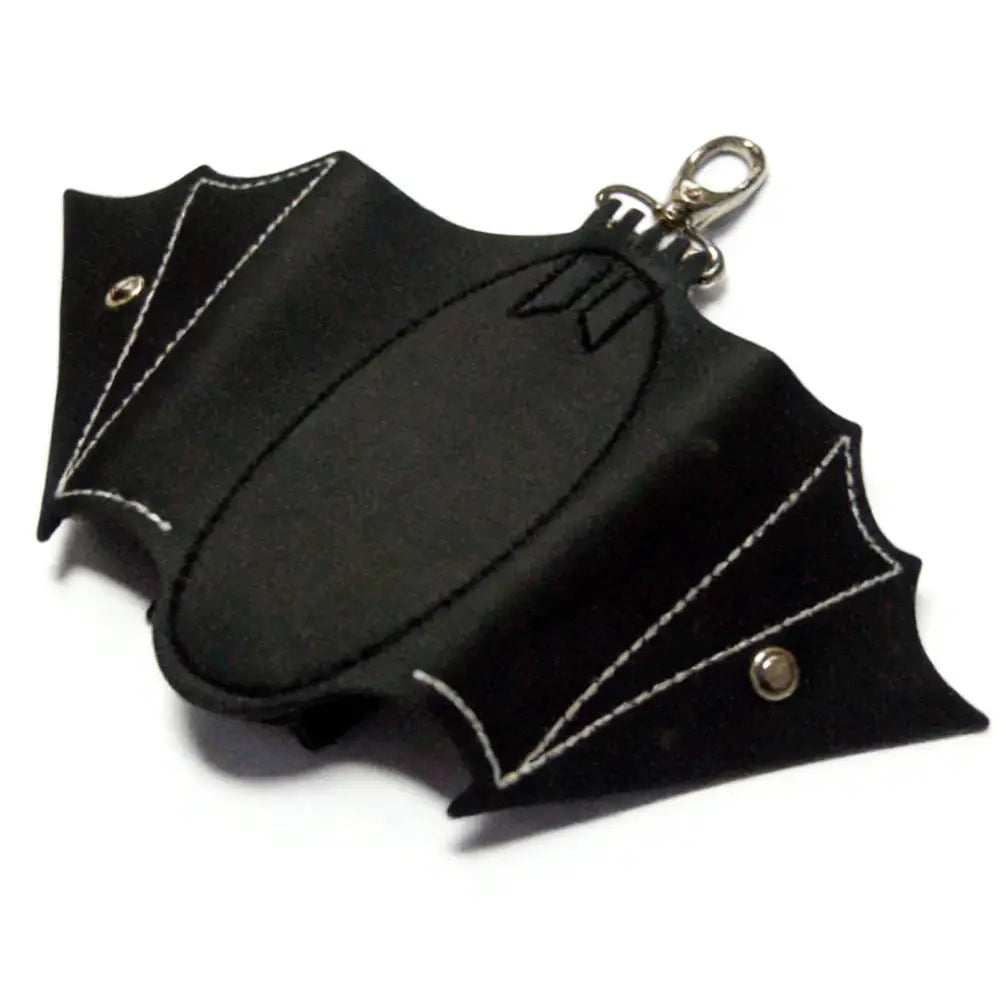 Simples Market bat-shaped coin purse, black PU leather with foldable wing design and metal keychain ring