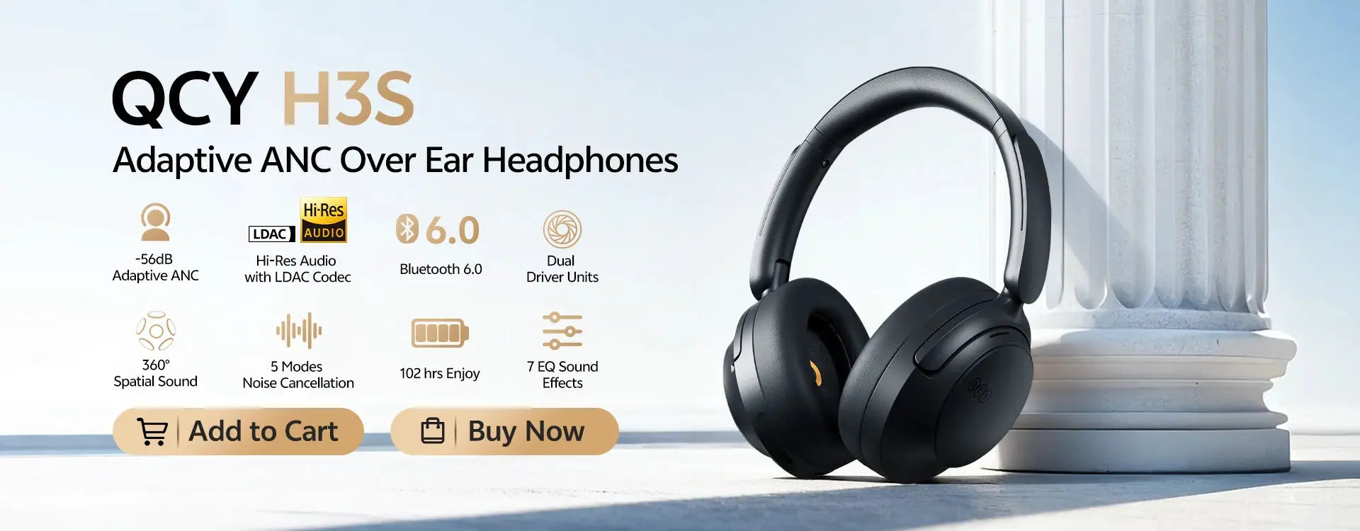 QCY H3S over-ear headphones, black by Simples Market; adaptive ANC, Bluetooth 6.0, dual drivers