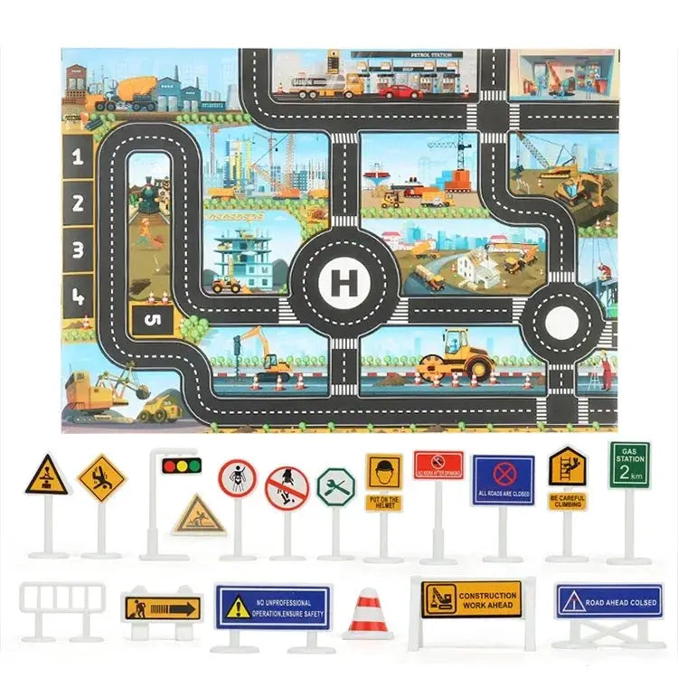 City Traffic Road Map Play Mat For Toddlers With Roads Buildings Parking Lots And Traffic Signs