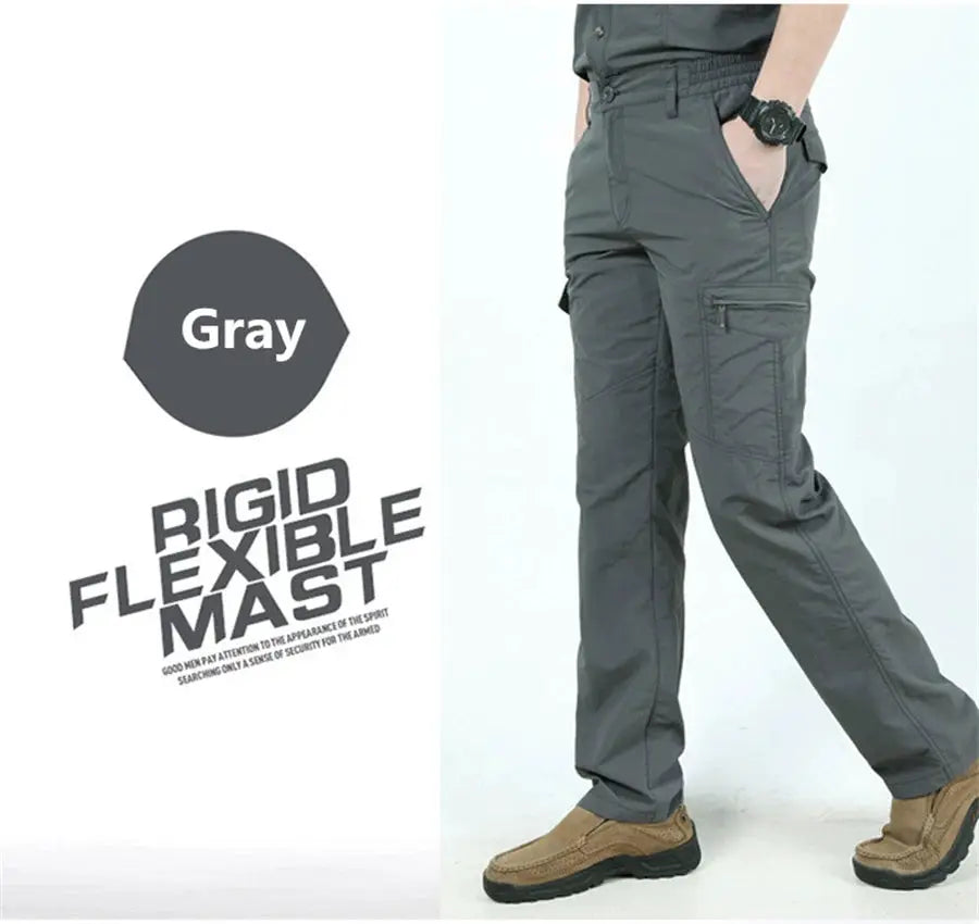 Men's gray tactical cargo pants with multiple pockets, long outdoor trousers