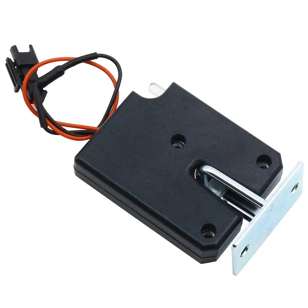 Small black plastic mini cabinet door lock, electric with metal strike and red/black wires