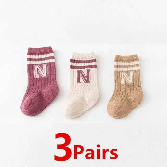 Three Pack Baby Letter Socks Knit Cotton Knee High Socks For Infants Toddlers Cute Stripe Pattern
