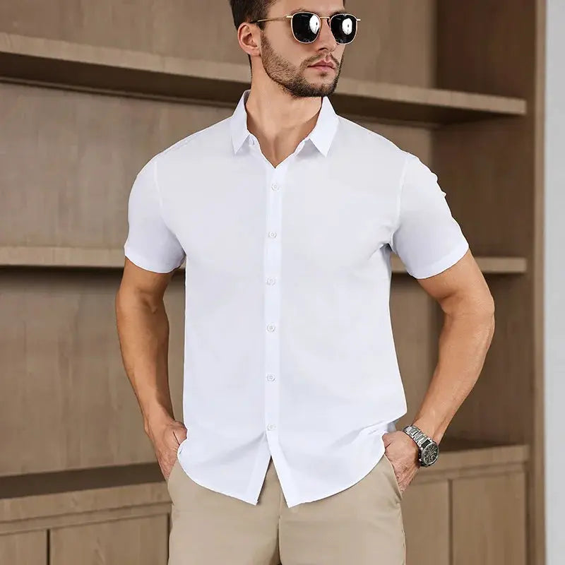 Men's white solid-color short-sleeve shirt by Simples Market, business casual.