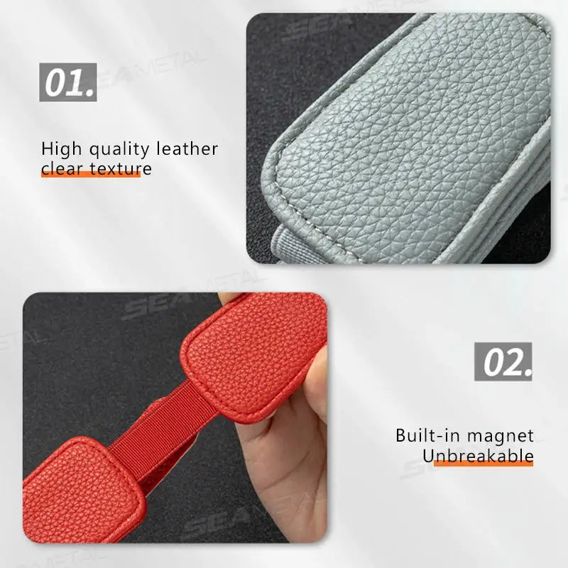 BLALION car sun visor clip glasses holder by Simples Market; gray PU leather texture with built-in magnet and red option