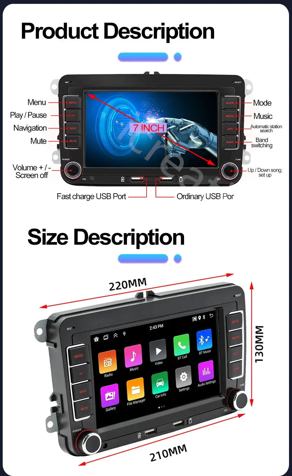 7-inch 2Din Android car stereo by Simples Market for VW/Skoda, universal multimedia with CarPlay GPS navigation