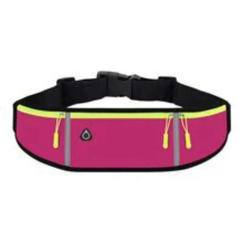 Waist bag for outdoor running; pink body with neon-yellow zippers, black strap, three waterproof pockets