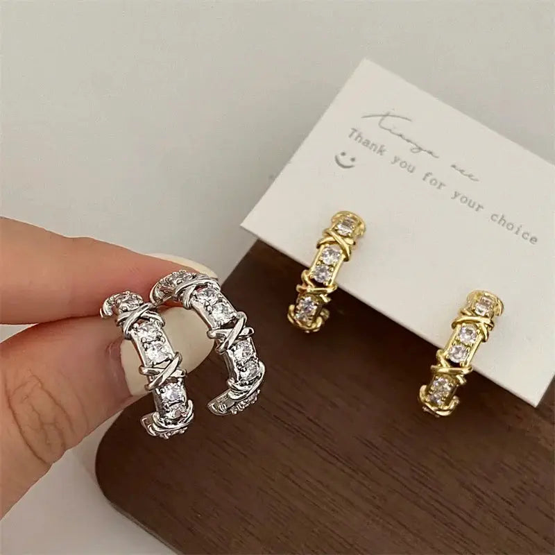Women Stud Earrings Cubic Zirconia Cross Geometric Design Korean Fashion Jewelry Gift Wholesale