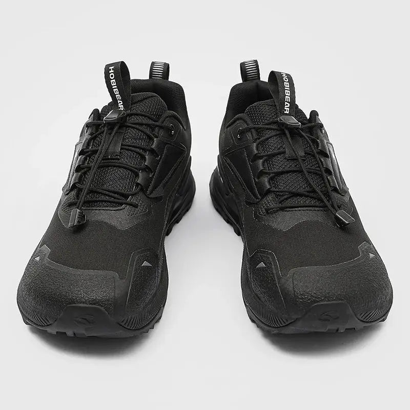 Pair of HOBIBEAR black unisex running shoes with elastic laces, lightweight breathable hiking sneakers