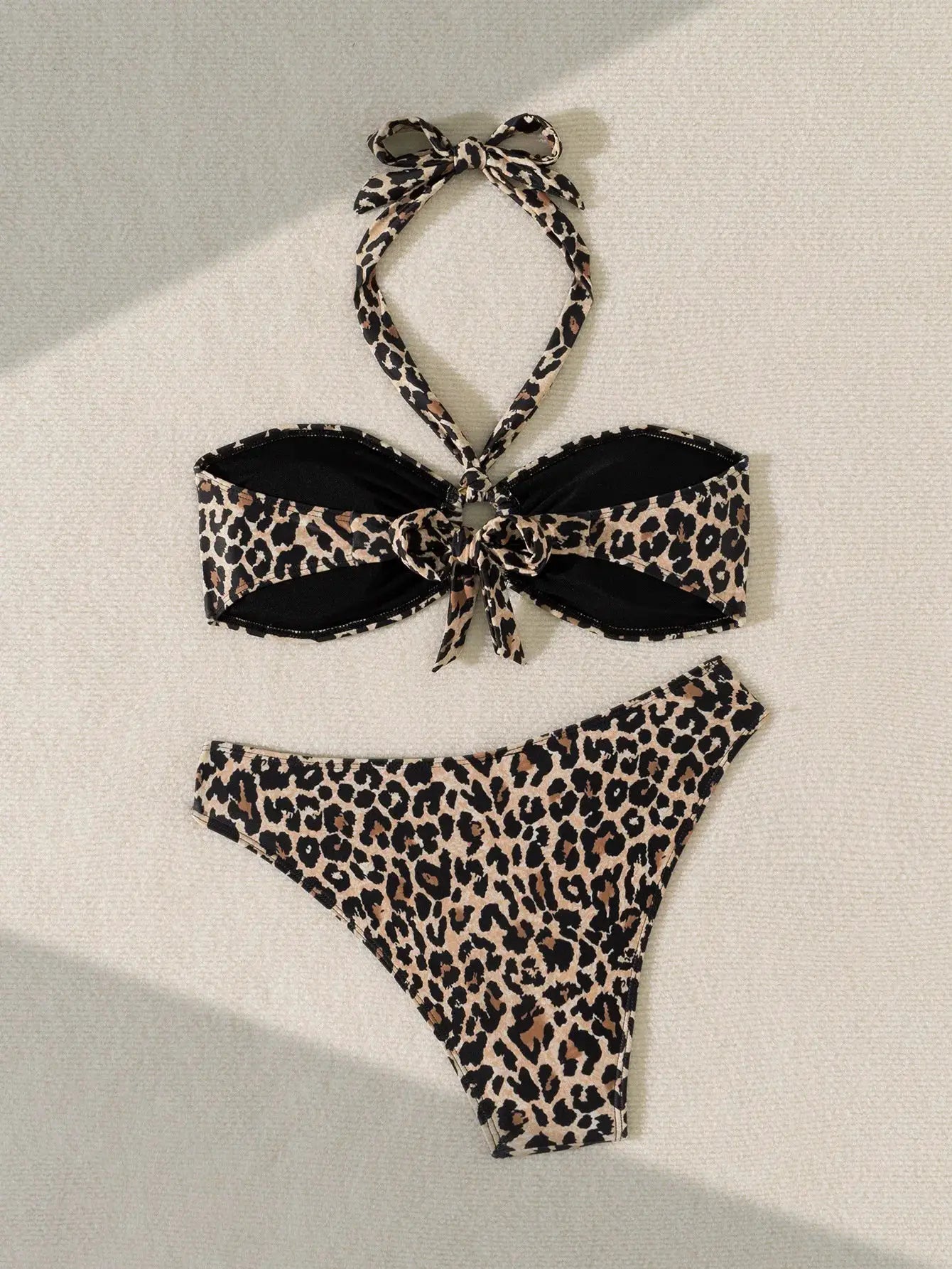 Leopard print 2-piece bikini set with bandeau top and halter neck tie, Brazilian thong bottoms