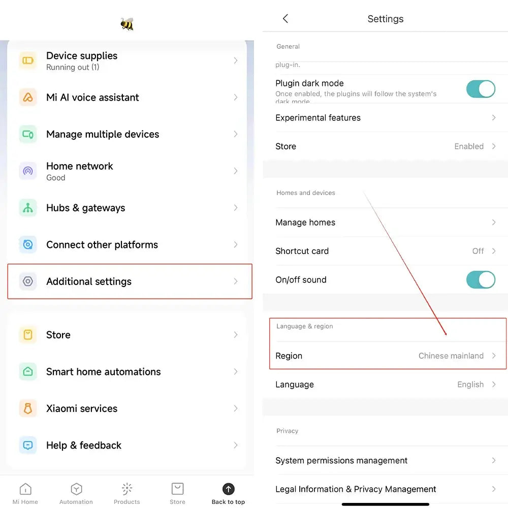 MIJIA Table Lamp 1S Enhanced Version app settings screen showing Region Chinese mainland and Additional settings