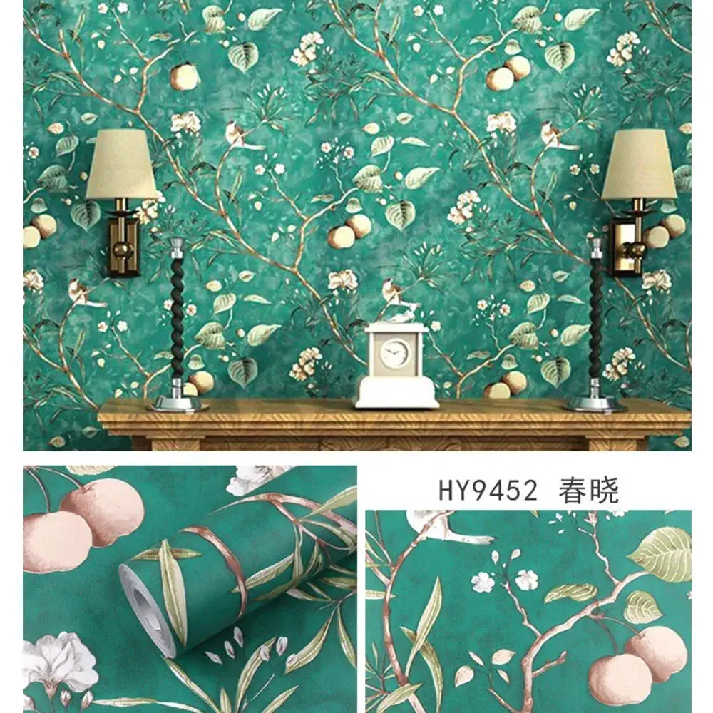Floral wallpaper by Simples Market, teal-green botanical print, self-adhesive peel-and-stick roll