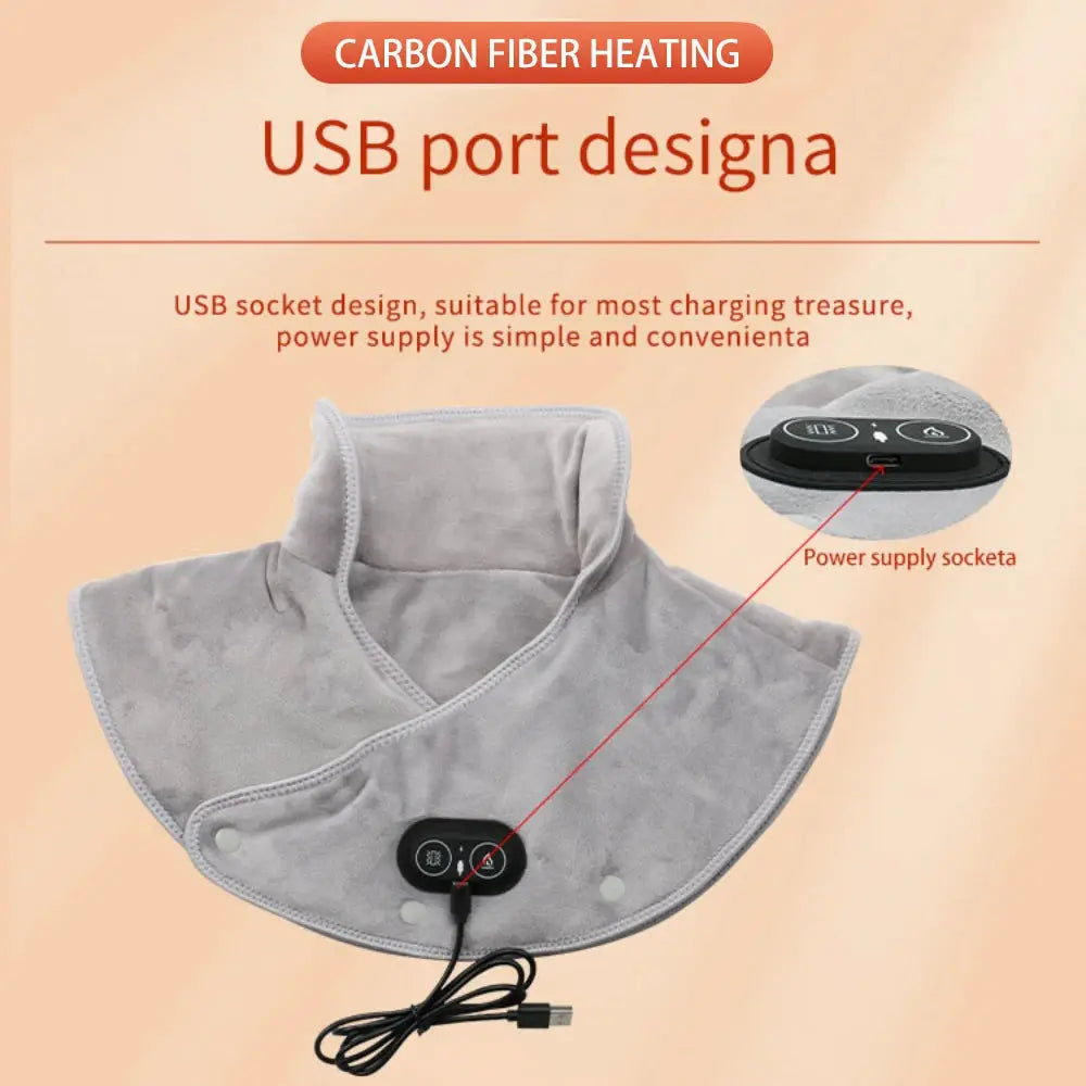 Simples Market electric heating shoulder neck wrap in gray, USB-powered cervical massager with three heat levels.