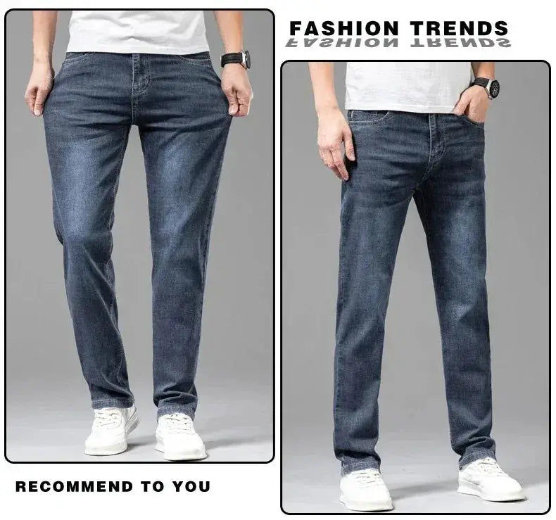 Men's gray stretch denim jeans by Simples Market, straight-leg casual pants, front and side views.