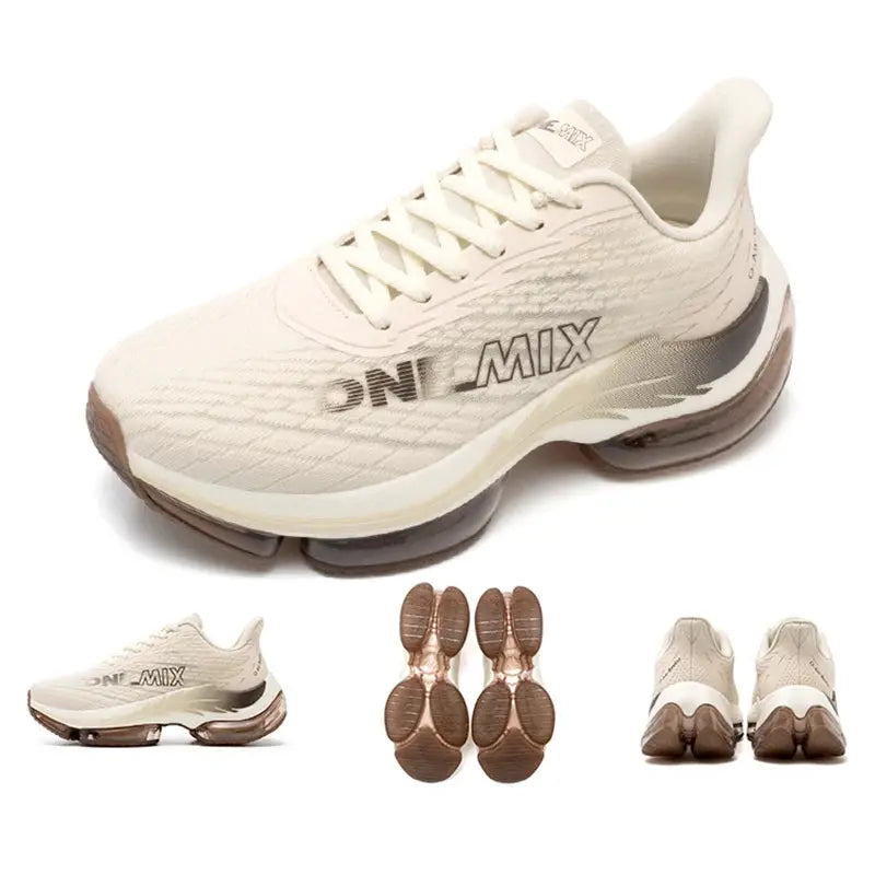 ON-MIX air cushion running shoes for women, beige mesh upper with breathable design and cushioned sole