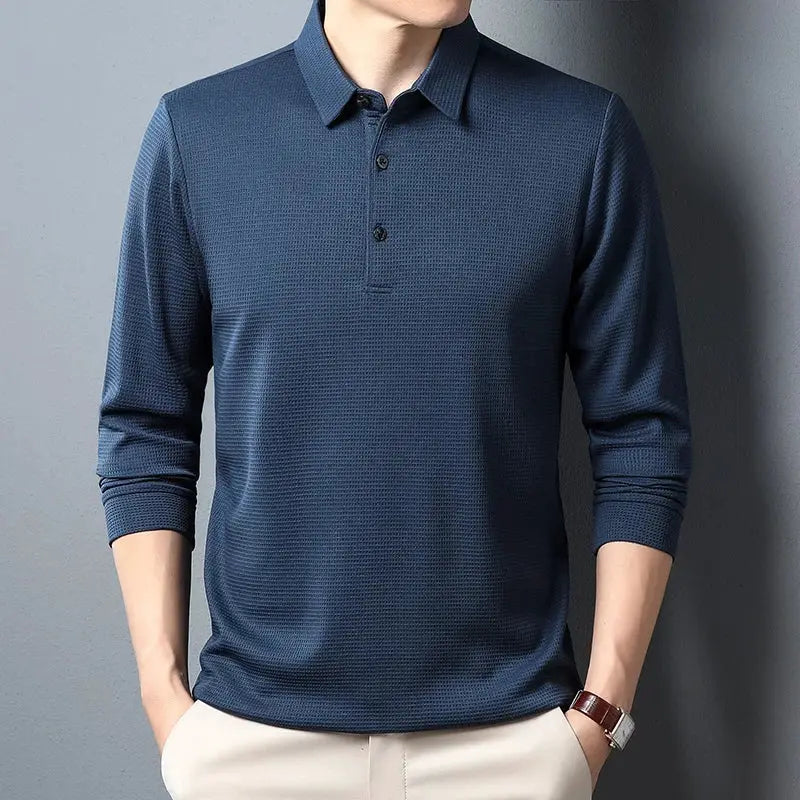 Men's navy blue long-sleeve business casual polo shirt with textured knit and three-button placket