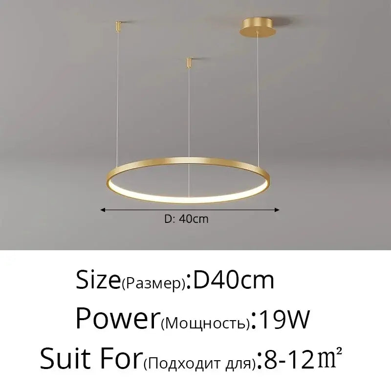 Gold finish minimalist LED ring pendant light, 40 cm diameter, suspended by three cables.