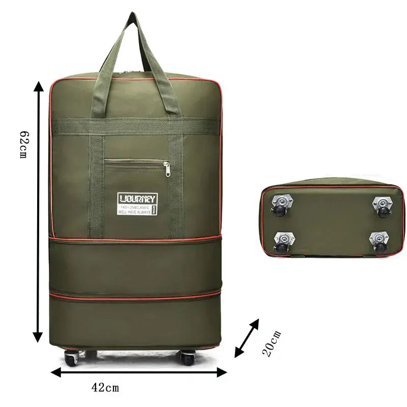 Simples Market folding travel bag with wheels, olive green with red trim, large-capacity 62×42×20 cm