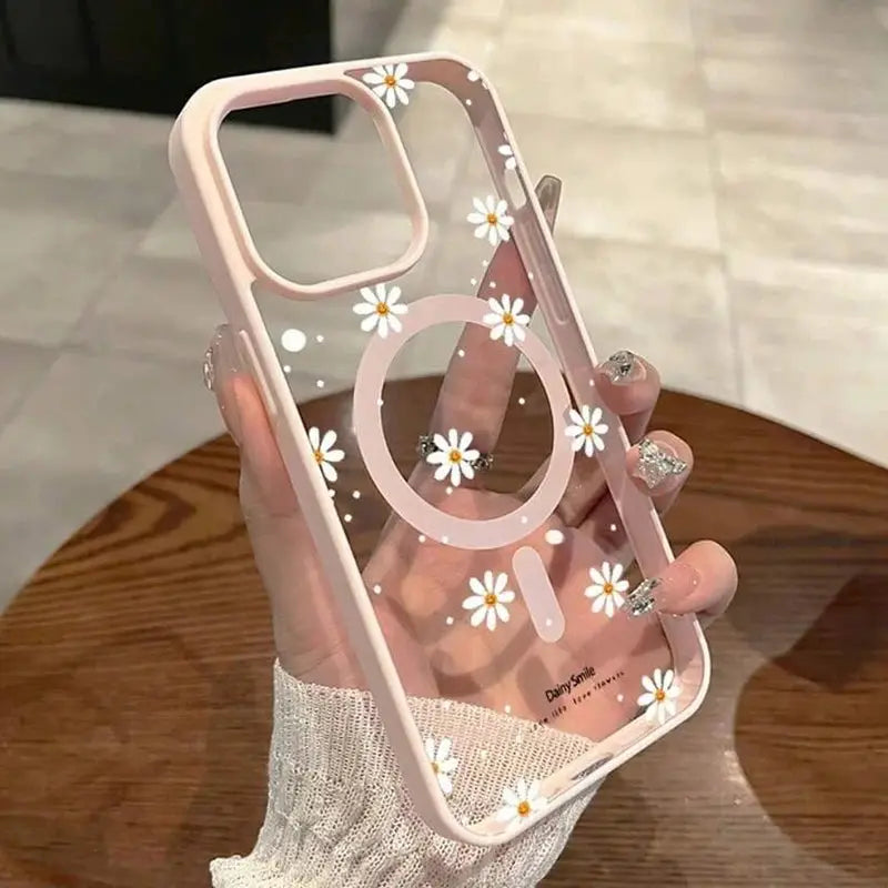iPhone case with small daisy pattern, transparent back and pink bumper, magnetic for wireless charging