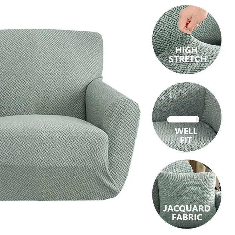 Jacquard polyester armchair sofa cover in green, high-stretch, well-fit jacquard fabric.