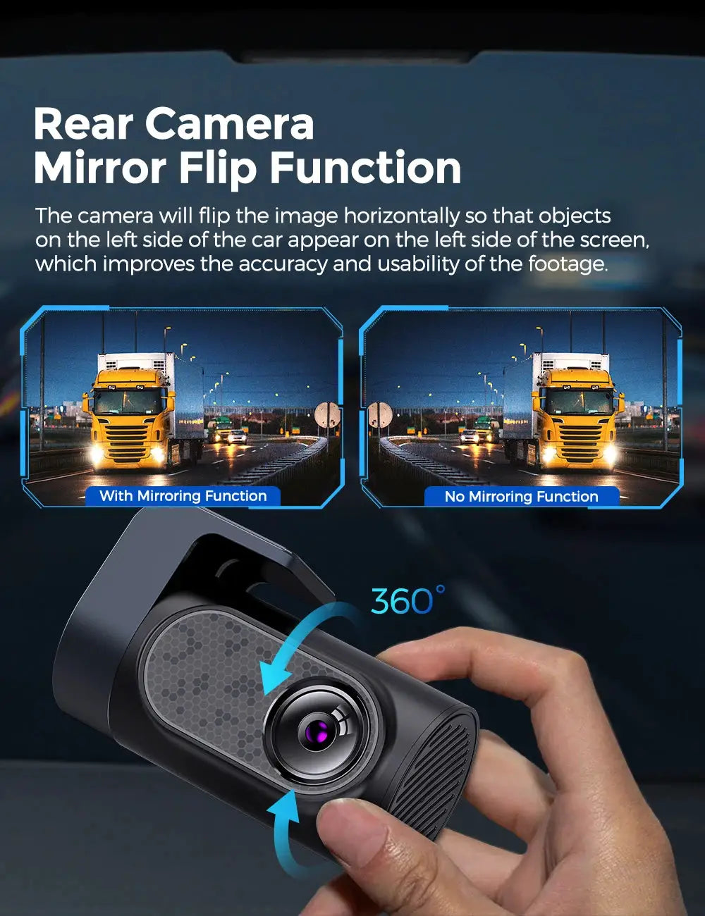 AZDOME M550 Pro dash cam, black with 360° rotating lens and rear mirror-flip function.