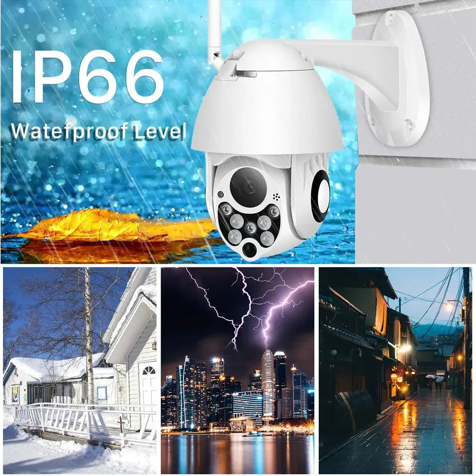 YCC365 Plus PTZ Wifi Outdoor CCTV Camera by Simples Market, white, IP66 waterproof, 4x zoom; 4-image collage.
