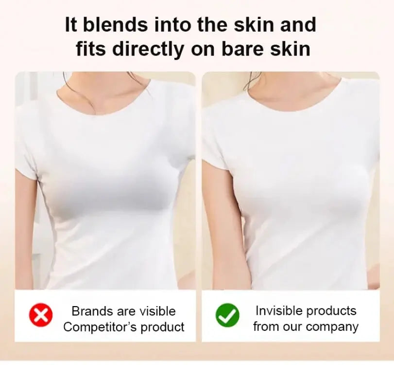 Simples Market invisible underwear with bra pads, white; side-by-side comparison with competitor’s visible product.