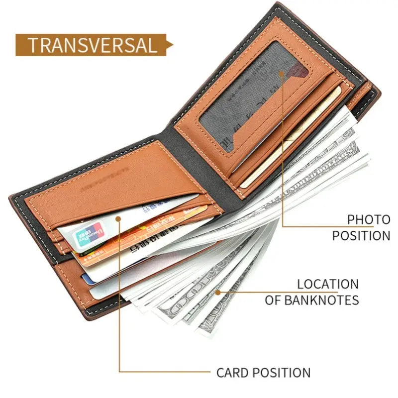 Men's leather two-fold bifold wallet with money clip, card slots and ID window in tan-brown.