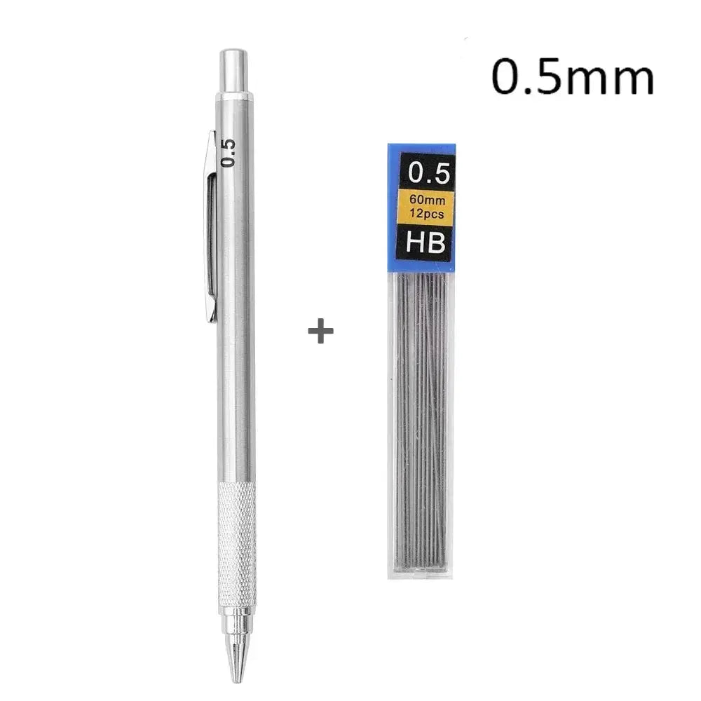 Metal mechanical pencil set with 0.5mm lead and HB lead refills (60mm, 12pcs)