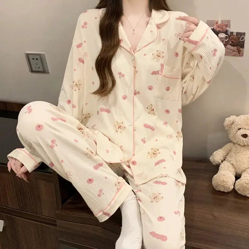 CozyNest Spring And Autumn Women Pajamas Loungewear Set Cardigan Breathable Crinkled Polyester With Love Heart Print
