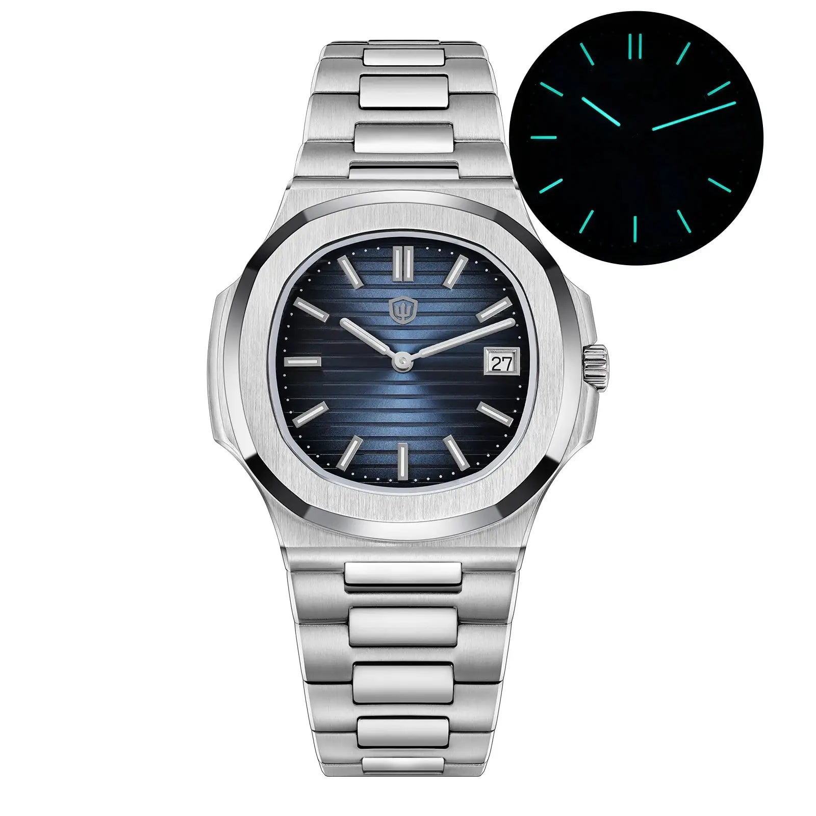 Stainless steel men's watch with blue striped dial, date window, and luminous hands.