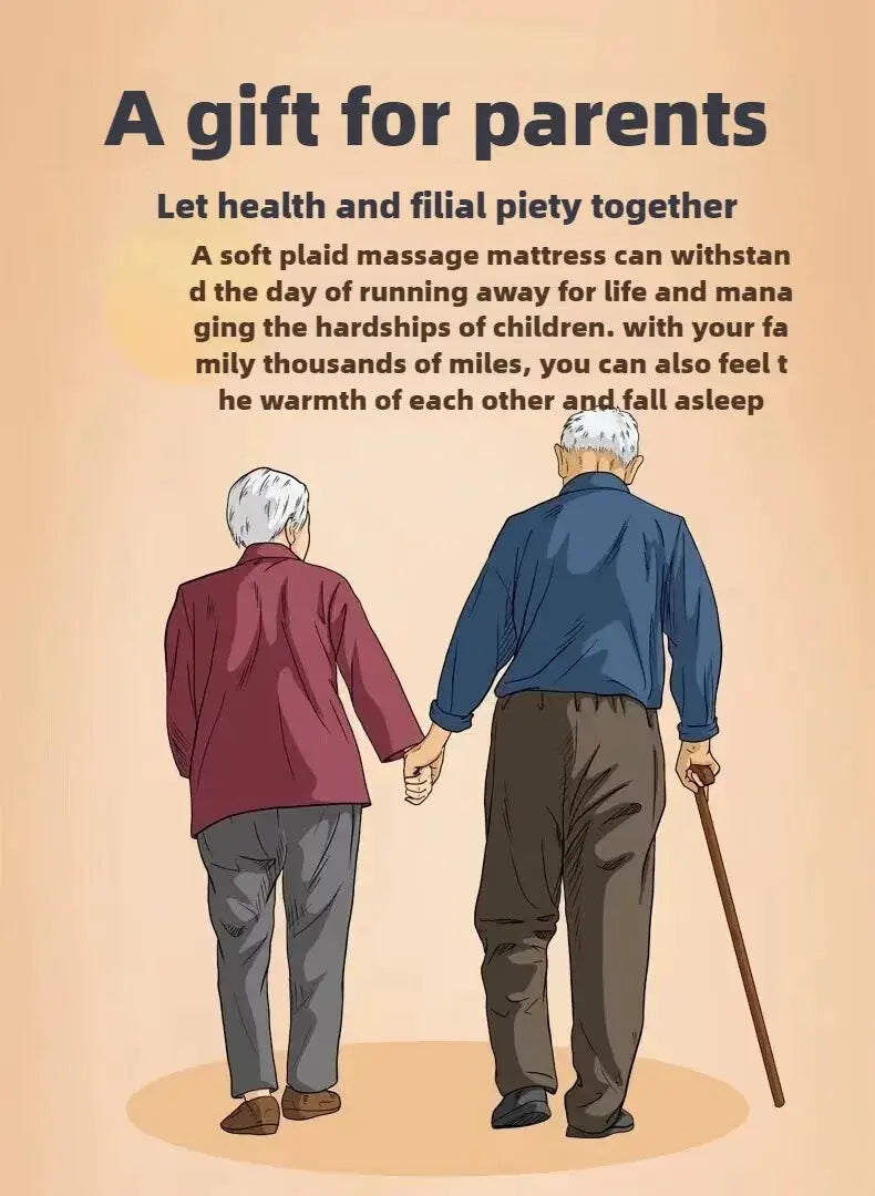 Elderly couple walking hand in hand from behind on a peach gradient poster with the headline A gift for parents.