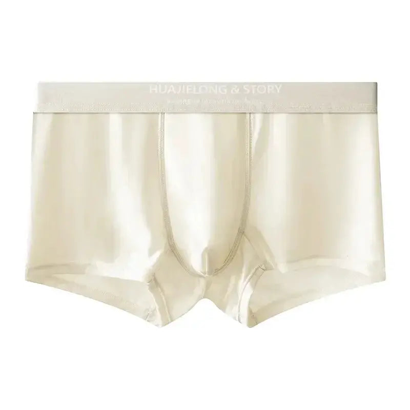 Men's ivory satin-like boxer briefs with a wide elastic waistband from HUAJIELONG & STORY