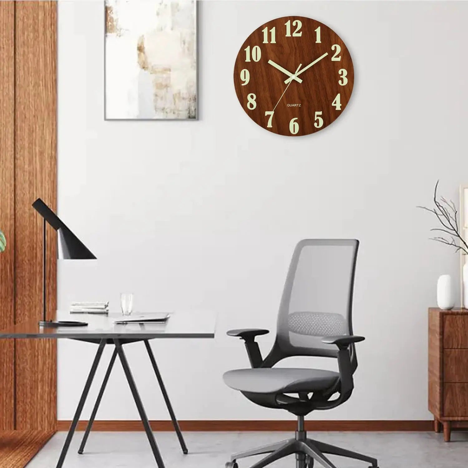 12 inch luminous wood wall clock by Simples Market with beige numerals on dark wood finish