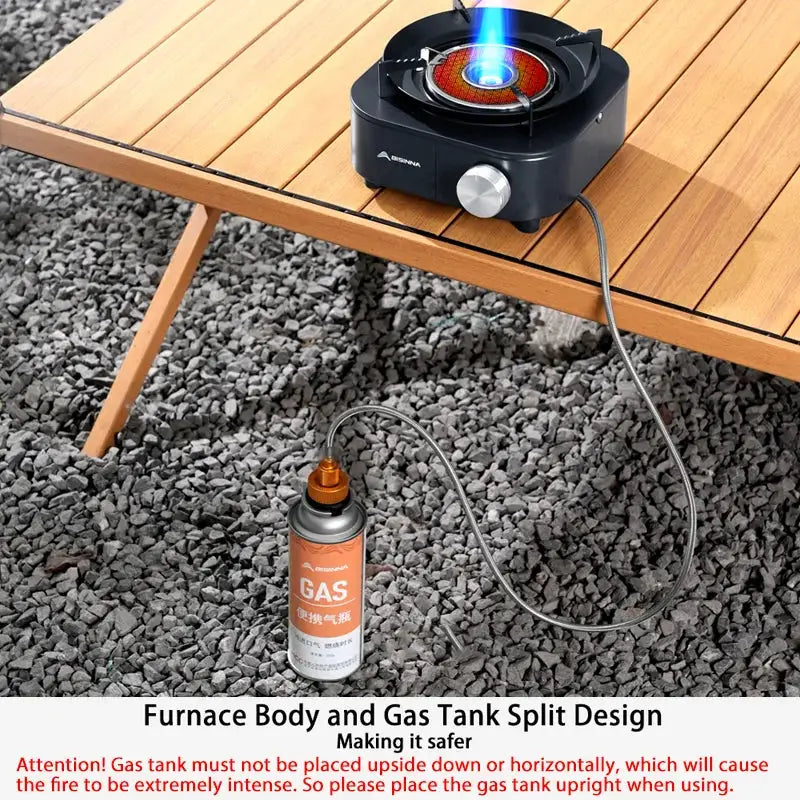 BISINNA 4000W infrared portable gas stove with split-design body; blue flame, orange gas canister and hose