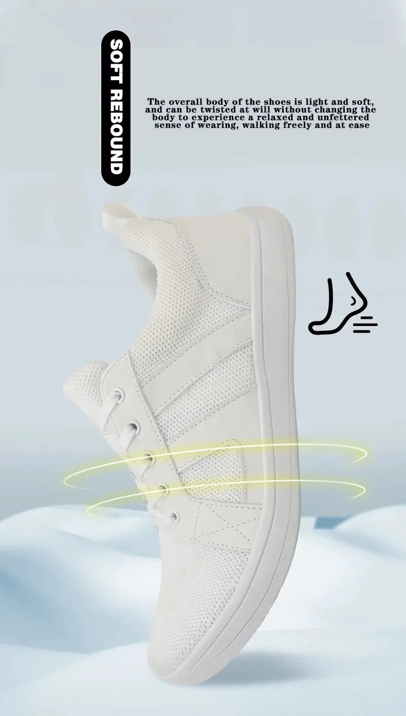 Wide-toed casual sneakers, white breathable mesh upper with lightweight sole for walking