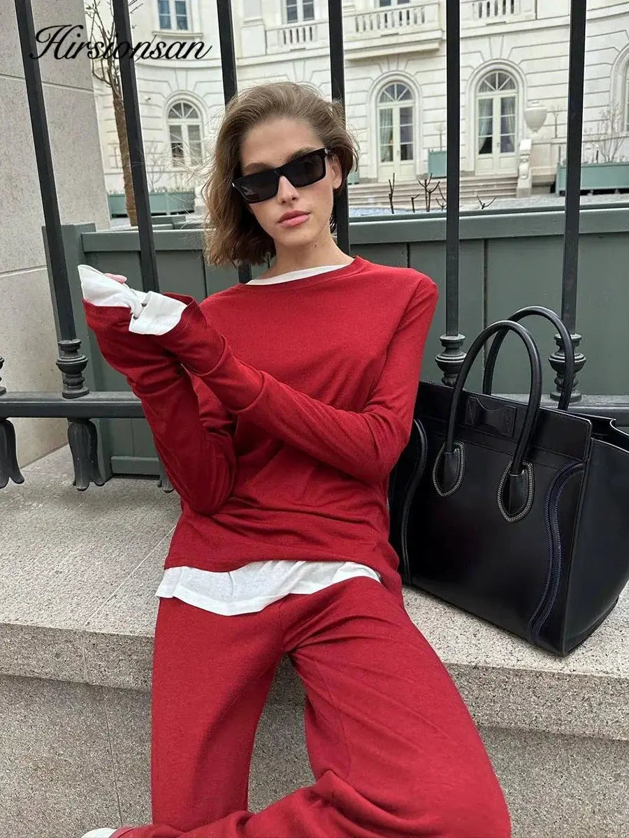 Hirsionsan Modal Soft Loose Set Women Long Sleeve Top High Waist Pants