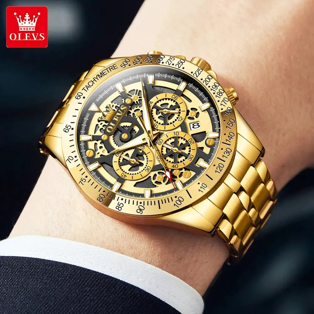 Gold skeleton men's wristwatch by OLEVS; stainless steel, chronograph with tachymeter bezel.