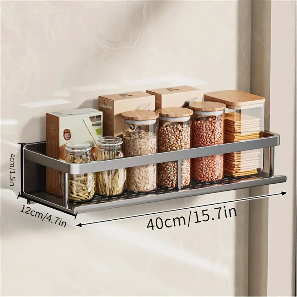 Simples Market wall-mounted multi-functional seasoning rack, silver metal frame with glass jars and wooden lids