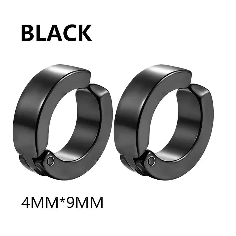 2 Pcs black stainless steel ear clip hoops for non-pierced ears, hinged, 4mm x 9mm